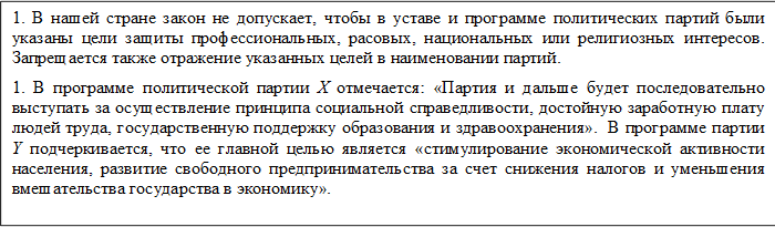 1. В нашей стране закон не допускает, чтобы в уставе и программе политических партий были указаны цели защиты профессиональных, расовых, национальных или религиозных интересов. Запрещается также отражение указанных целей в наименовании партий. 
1. В программе политической партии X отмечается: «Партия и дальше будет последовательно выступать за осуществление принципа социальной справедливости, достойную заработную плату людей труда, государственную поддержку образования и здравоохранения».  В программе партии Y подчеркивается, что ее главной целью является «стимулирование экономической активности населения, развитие свободного предпринимательства за счет снижения налогов и уменьшения вмешательства государства в экономику». 

