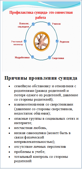  
Причины проявления суицида
•	семейную обстановку и отношения с родителями (развод родителей и потеря одного из родителей, давление со стороны родителей);
•	взаимоотношения со сверстниками (давление со стороны сверстников, недостаток общения);
•	опасные группы в социальных сетях и интернете;
•	несчастная любовь,
•	низкая самооценка (может быть в связи физической непривлекательностью);
•	отсутствие личных перспектив
•	проблемы в учебе;
•	тотальный контроль со стороны родителей

