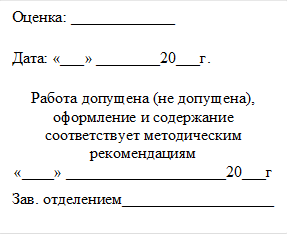 Оценка: _____________
Дата: «___» ________20___г.        
Работа допущена (не допущена), оформление и содержание соответствует методическим рекомендациям
«____» ____________________20___г
Зав. отделением___________________ 
________________________________
