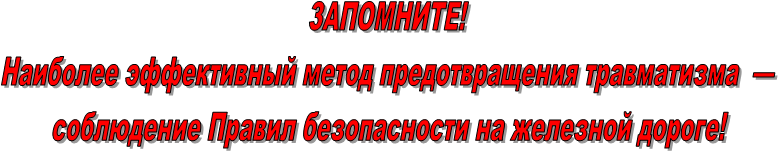 ЗАПОМНИТЕ! 
Наиболее эффективный метод предотвращения травматизма  — 
соблюдение Правил безопасности на железной дороге!

