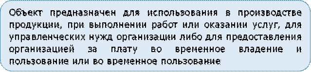 Объект предназначен для использования в производстве продукции, при выполнении работ или оказании услуг, для управленческих нужд организации либо для предоставления организацией за плату во временное владение и пользование или во временное пользование

