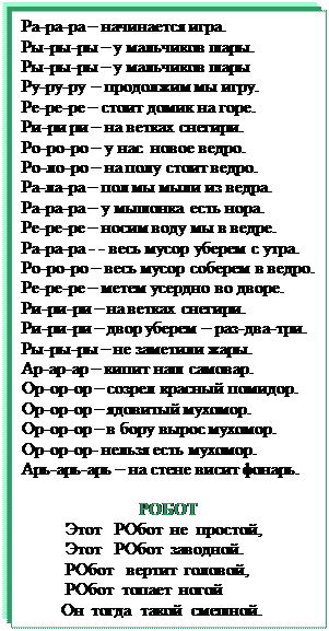 Надпись: Ра-ра-ра – начинается игра.
Ры-ры-ры – у мальчиков шары.
Ры-ры-ры – у мальчиков шары
Ру-ру-ру – продолжим мы игру.
Ре-ре-ре – стоит домик на горе.
Ри-ри ри – на ветках снегири.
Ро-ро-ро – у нас  новое ведро.
Ро-ло-ро – на полу стоит ведро.
Ра-ла-ра – пол мы мыли из ведра.
Ра-ра-ра – у мышонка есть нора.
Ре-ре-ре – носим воду мы в ведре.
Ра-ра-ра - - весь мусор уберем с утра.
Ро-ро-ро – весь мусор соберем в ведро.
Ре-ре-ре – метем усердно во дворе.
Ри-ри-ри – на ветках снегири.
Ри-ри-ри – двор уберем – раз-два-три.
Ры-ры-ры – не заметили жары.
Ар-ар-ар – кипит наш самовар.
Ор-ор-ор – созрел красный помидор.
Ор-ор-ор – ядовитый мухомор.
Ор-ор-ор – в бору вырос мухомор.
Ор-ор-ор- нельзя есть мухомор.
Арь-арь-арь – на стене висит фонарь.

РОБОТ
          Этот   РОбот  не  простой,
          Этот   РОбот  заводной.
          РОбот   вертит  головой,
          РОбот  топает  ногой
         Он  тогда  такой  смешной.
Ром-ром – папа рубит топором.

