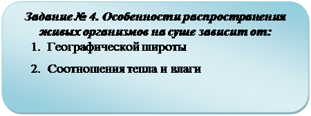 Скругленный прямоугольник: Задание № 4. Особенности распространения живых организмов на суше зависит от: 
1.	Географической широты
2.	Соотношения тепла и влаги

