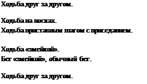 Надпись: Ходьба друг за другом.
Ходьба на носках.
Ходьба приставным шагом с приседанием.

Ходьба «змейкой».
Бег «змейкой», обычный бег.
Ходьба друг за другом.
