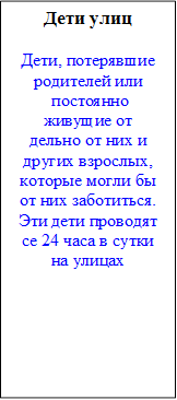 Дети улиц

Дети, потерявшие
родителей или
 постоянно живущие от
дельно от них и
других взрослых,
которые могли бы
от них заботиться.
Эти дети проводят
се 24 часа в сутки
на улицах

