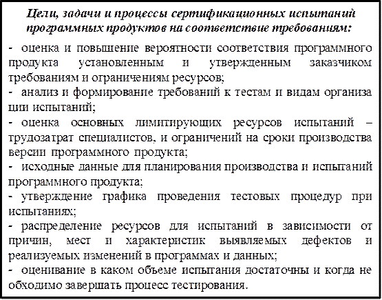 Цели, задачи и процессы сертификационных испытаний программных продуктов на соответствие требованиям:
-	оценка и повышение вероятности соответствия программного продукта установленным и утвержденным заказчиком требованиям и ограничениям ресурсов;
-	анализ и формирование требований к тестам и видам организа ции испытаний;
-	оценка основных лимитирующих ресурсов испытаний - трудозатрат специалистов, и ограничений на сроки производства версии программного продукта;
-	исходные данные для планирования производства и испытаний программного продукта;
-	утверждение графика проведения тестовых процедур при испытаниях;
-	распределение ресурсов для испытаний в зависимости от причин, мест и характеристик выявляемых дефектов и реализуемых изменений в программах и данных;
-	оценивание в каком объеме испытания достаточны и когда не обходимо завершать процесс тестирования.
