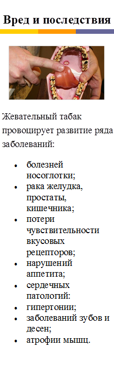 Жевательный табак провоцирует развитие ряда заболеваний:
•	болезней носоглотки;
•	рака желудка, простаты, кишечника;
•	потери чувствительности вкусовых рецепторов;
•	нарушений аппетита;
•	сердечных патологий:
•	гипертонии;
•	заболеваний зубов и десен;
•	атрофии мышц.

,Вред и последствия

, 
