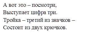 А вот это – посмотри,
Выступает цифра три.
Тройка – третий из значков – 
Состоит из двух крючков.

