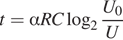 t=в подстановке от до alpha RCв подстановке от до log _2 в подстановке от до fracU_0 U