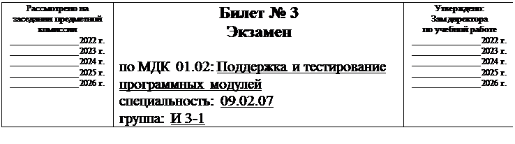 Надпись: Рассмотрено на заседании предметной комиссии
______________ 2022 г.
______________ 2023 г.
______________ 2024 г.
______________ 2025 г.
______________ 2026 г.	Билет № 3
Экзамен

по МДК 01.02: Поддержка и тестирование программных модулей
специальность: 09.02.07
группа: И 3-1	Утверждено:
Зам директора
по учебной работе
______________ 2022 г.
______________ 2023 г.
______________ 2024 г.
______________ 2025 г.
______________ 2026 г.
 
