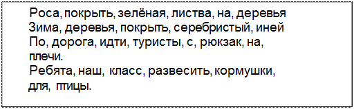 Text Box: Роса, покрыть, зелёная, листва, на, деревья
Зима, деревья, покрыть, серебристый, иней
По, дорога, идти, туристы, с, рюкзак, на,
плечи.
Ребята, наш, класс, развесить, кормушки,
для, птицы.
