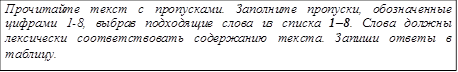 Прочитайте текст с пропусками. Заполните пропуски, обозначенные цифрами 1-8, выбрав подходящие слова из списка 1–8. Слова должны лексически соответствовать содержанию текста. Запиши ответы в таблицу.