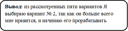 Вывод: из рассмотренных пяти вариантов Я выбираю вариант № 2, так как он больше всего мне нравится, и начинаю его прорабатывать