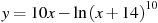 y = 10x-\ln {{(x+14)}^{10}}