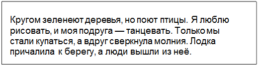 Text Box: Кругом зеленеют деревья, но поют птицы. Я люблю рисовать, и моя подруга — танцевать. Только мы стали купаться, а вдруг сверкнула молния. Лодка причалила к берегу, а люди вышли из неё.