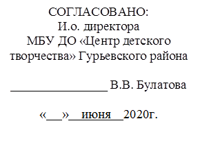 СОГЛАСОВАНО:
И.о. директора 
МБУ ДО «Центр детского творчества» Гурьевского района

_______________ В.В. Булатова

«     »    июня    2020г.

