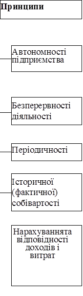 Принципи

	Автономності підприємства
	

	Безперервності діяльності
	

	Періодичності
	

	Історичної (фактичної) собівартості
	

	Нарахування та відповідності доходів і витрат
	


