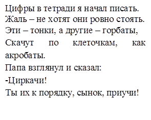 Цифры в тетради я начал писать.
Жаль – не хотят они ровно стоять.                        
Эти – тонки, а другие – горбаты,
Скачут по клеточкам, как акробаты.
Папа взглянул и сказал:                                     
-Циркачи!                                                           
Ты их к порядку, сынок, приучи!

