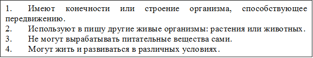 1.	Имеют конечности или строение организма, способствующее передвижению.
2.	Используют в пищу другие живые организмы: растения или животных.
3.	Не могут вырабатывать питательные вещества сами.
4.	Могут жить и развиваться в различных условиях.

