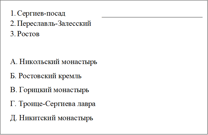 1.	Сергиев-посад                   __________________________
2.	Переславль-Залесский
3.	Ростов

А. Никольский монастырь
Б. Ростовский кремль
В. Горицкий монастырь
Г. Троице-Сергиева лавра
Д. Никитский монастырь

