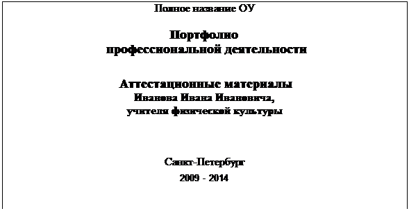 Надпись: Полное название ОУ

Портфолио 
профессиональной деятельности

Аттестационные материалы
Иванова Ивана Ивановича,
учителя физической культуры


Санкт-Петербург
2009 - 2014

 
