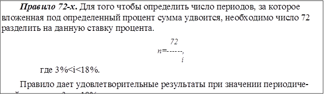 Правило 72-х. Для того чтобы определить число периодов, за которое вложенная под определенный процент сумма удвоится, необходимо число 72 разделить на данную ставку процента.
72 n=------,
i
где 3%<i<18%.
Правило дает удовлетворительные результаты при значении периодиче- ской ставки от 3 до 18%.
