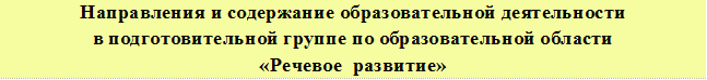 Направления и содержание образовательной деятельности в подготовительной группе по образовательной области
«Речевое  развитие»
