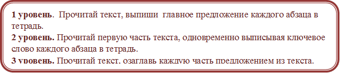 1 уровень.  Прочитай текст, выпиши  главное предложение каждого абзаца в тетрадь. 
2 уровень. Прочитай первую часть текста, одновременно выписывая ключевое слово каждого абзаца в тетрадь. 
3 уровень. Прочитай текст, озаглавь каждую часть предложением из текста.
