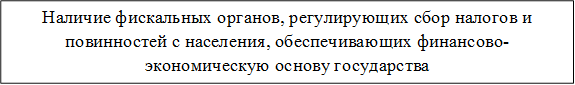 Наличие фискальных органов, регулирующих сбор налогов и повинностей с населения, обеспечивающих финансово-экономическую основу государства