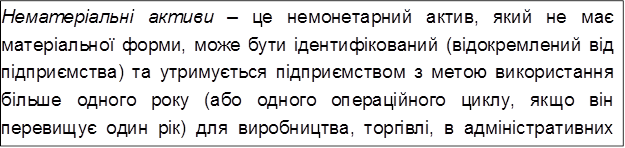 Нематеріальні активи – це немонетарний актив, який не має матеріальної форми, може бути ідентифікований (відокремлений від підприємства) та утримується підприємством з метою використання більше одного року (або одного операційного циклу, якщо він перевищує один рік) для виробництва, торгівлі, в адміністративних цілях чи надання в оренду іншим особам