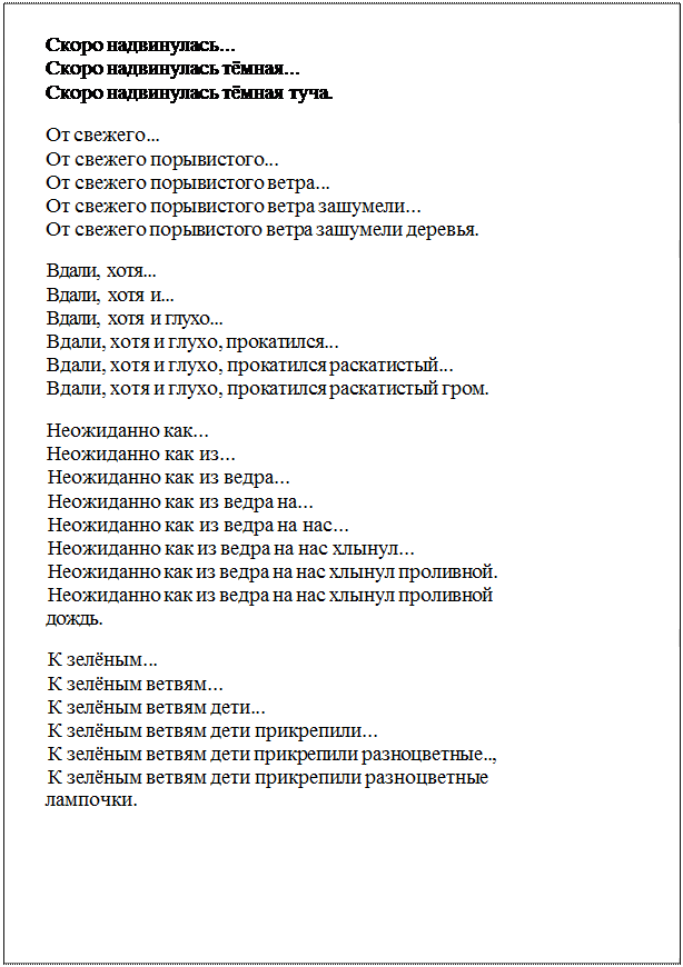 Надпись: Скоро надвинулась... 
Скоро надвинулась тёмная... 
Скоро надвинулась тёмная туча.
От свежего...
От свежего порывистого...
От свежего порывистого ветра...
От свежего порывистого ветра зашумели...
От свежего порывистого ветра зашумели деревья.
Вдали, хотя...
Вдали, хотя и...
Вдали, хотя и глухо...
Вдали, хотя и глухо, прокатился...
Вдали, хотя и глухо, прокатился раскатистый...
Вдали, хотя и глухо, прокатился раскатистый гром.
Неожиданно как...
Неожиданно как из...
Неожиданно как из ведра...
Неожиданно как из ведра на...
Неожиданно как из ведра на нас...
Неожиданно как из ведра на нас хлынул...
Неожиданно как из ведра на нас хлынул проливной.
Неожиданно как из ведра на нас хлынул проливной
дождь.
К зелёным...
К зелёным ветвям...
К зелёным ветвям дети...
К зелёным ветвям дети прикрепили...
К зелёным ветвям дети прикрепили разноцветные..,
К зелёным ветвям дети прикрепили разноцветные
лампочки.
