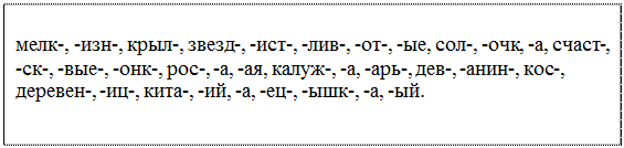 Надпись: мелк-, -изн-, крыл-, звезд-, -ист-, -лив-, -от-, -ые, сол-, -очк, -а, счаст-, -ск-, -вые-, -онк-, рос-, -а, -ая, калуж-, -а, -арь-, дев-, -анин-, кос-, деревен-, -иц-, кита-, -ий, -а, -ец-, -ышк-, -а, -ый.