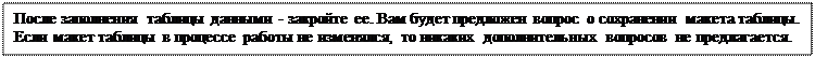 Text Box: После заполнения таблицы данными - закройте ее. Вам будет предложен вопрос о сохранении макета таблицы. Если макет таблицы в процессе работы не изменялся, то никаких дополнительных вопросов не предлагается.