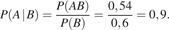 P левая круглая скобка A | B правая круглая скобка = дробь: числитель: P левая круглая скобка AB правая круглая скобка , знаменатель: P левая круглая скобка B правая круглая скобка конец дроби = дробь: числитель: 0,54, знаменатель: 0,6 конец дроби =0,9. 