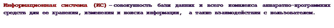 Надпись: Информационная система (ИС) – совокупность базы данных и всего комплекса аппаратно-программных средств для ее хранения, изменения и поиска информации,  а также взаимодействия с пользователем.