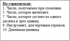 По горизонтали: 
1. Число, получаемое при сложении. 
5. Число, которое вычитают.
7. Число, которое состоит из одного десятка и трех единиц.
9. Инструмент, для черчения отрезков. 
10. Денежная единица. 

