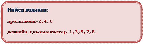 Скругленный прямоугольник: Нийса жоьпаш: 

предложени-2,4,6  
  
дешнийн цхьаьнакхетар-1,3,5,7,8.

