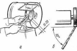 Положение рук при заточке сверла (а) и расположение сверла относительно оси абразивного круга (б)