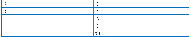 1.	6.
2.	7.
3.	8.
4.	9.
5.	10.

