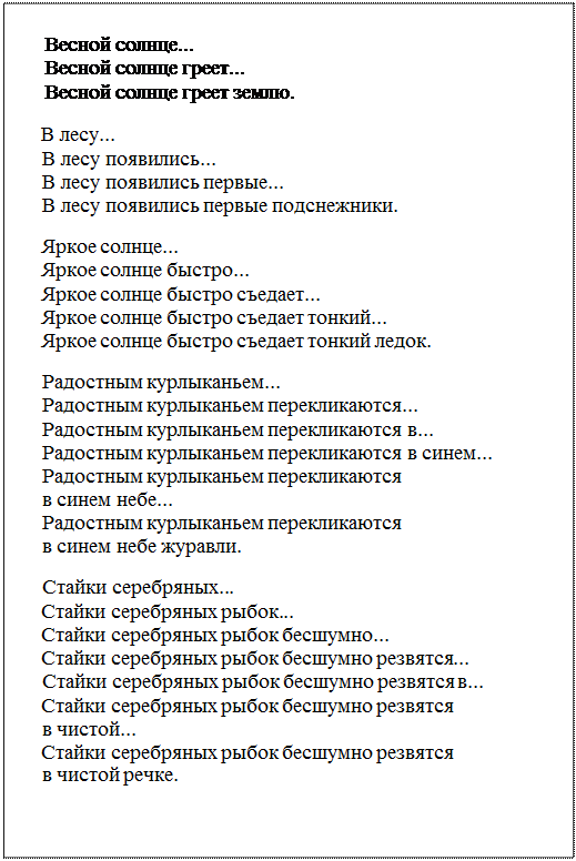 Надпись: Весной солнце... 
Весной солнце греет... 
Весной солнце греет землю.
В лесу...
В лесу появились...
В лесу появились первые...
В лесу появились первые подснежники.
Яркое солнце...
Яркое солнце быстро...
Яркое солнце быстро съедает...
Яркое солнце быстро съедает тонкий...
Яркое солнце быстро съедает тонкий ледок.
Радостным курлыканьем...
Радостным курлыканьем перекликаются...
Радостным курлыканьем перекликаются в...
Радостным курлыканьем перекликаются в синем...
Радостным курлыканьем перекликаются
в синем небе...
Радостным курлыканьем перекликаются
в синем небе журавли.
Стайки серебряных...
Стайки серебряных рыбок...
Стайки серебряных рыбок бесшумно...
Стайки серебряных рыбок бесшумно резвятся...
Стайки серебряных рыбок бесшумно резвятся в...
Стайки серебряных рыбок бесшумно резвятся
в чистой...
Стайки серебряных рыбок бесшумно резвятся
в чистой речке.
