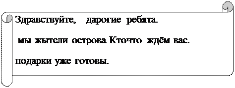 Горизонтальный свиток: Здравствуйте,   дарогие  ребята.
 мы жытели острова Кточто  ждём вас.  
подарки уже готовы.        
                                           
