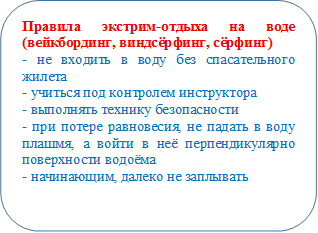 Правила экстрим-отдыха на воде  (вейкбординг, виндсёрфинг, сёрфинг)
- не входить в воду без спасательного жилета
- учиться под контролем инструктора
- выполнять технику безопасности
- при потере равновесия, не падать в воду плашмя, а войти в неё перпендикулярно поверхности водоёма
- начинающим, далеко не заплывать

