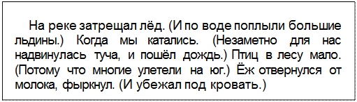 Text Box: На реке затрещал лёд. (И по воде поплыли большие льдины.) Когда мы катались. (Незаметно для нас надвинулась туча, и пошёл дождь.) Птиц в лесу мало. (Потому что многие улетели на юг.) Ёж отвернулся от молока, фыркнул. (И убежал под кровать.)