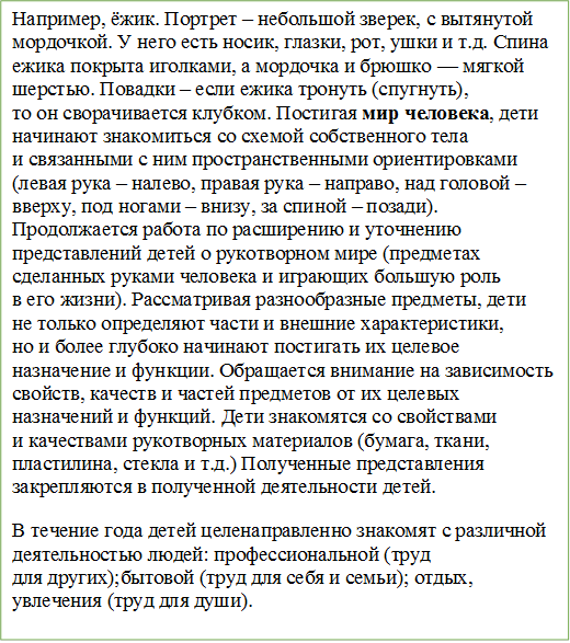 Например, ёжик. Портрет – небольшой зверек, с вытянутой мордочкой. У него есть носик, глазки, рот, ушки и т.д. Спина ежика покрыта иголками, а мордочка и брюшко — мягкой шерстью. Повадки – если ежика тронуть (спугнуть), то он сворачивается клубком. Постигая мир человека, дети начинают знакомиться со схемой собственного тела и связанными с ним пространственными ориентировками (левая рука – налево, правая рука – направо, над головой – вверху, под ногами – внизу, за спиной – позади). Продолжается работа по расширению и уточнению представлений детей о рукотворном мире (предметах сделанных руками человека и играющих большую роль в его жизни). Рассматривая разнообразные предметы, дети не только определяют части и внешние характеристики, но и более глубоко начинают постигать их целевое назначение и функции. Обращается внимание на зависимость свойств, качеств и частей предметов от их целевых назначений и функций. Дети знакомятся со свойствами и качествами рукотворных материалов (бумага, ткани, пластилина, стекла и т.д.) Полученные представления закрепляются в полученной деятельности детей.
В течение года детей целенаправленно знакомят с различной деятельностью людей: профессиональной (труд для других);бытовой (труд для себя и семьи); отдых, увлечения (труд для души).

