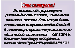 Надпись:  Это интересно!
Во вселенной существуют разновидности планет, именуемые планеты-океаны. Они могут быть полностью покрыты жидкой водой. В настоящее время открыта только одна подобная планета — GJ 1214 b.
Источник: https://zagge.ru/20-faktov-o-mirovom okeane/?ysclid=l9sqizrdh4542011332

