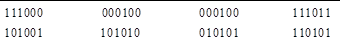 111000	000100	000100	111011
101001	101010	010101	110101

