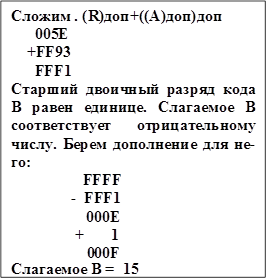 Cложим . (R)доп+((A)доп)доп 005E
+FF93 FFF1
Старший двоичный разряд кода B равен единице. Слагаемое B соответствует отрицательному числу. Берем дополнение для не- го:
FFFF
- FFF1
000E
+	1
000F
Слагаемое B = 15
