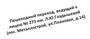 Пешеходный переход, ведущий к лицею № 273 им. Л.Ю.Гладышевой
(пос. Металлострой, ул.Плановая, д.14)
