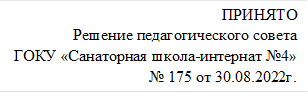 ПРИНЯТО
Решение педагогического совета
ГОКУ «Санаторная школа-интернат №4»
№ 175 от 30.08.2022г.


