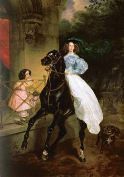 Карл Брюллов. Всадница (1832 г.), на картине изображены воспитанницы Ю. П. Самойловой, женщины, сыгравшей огромную роль в жизни и творчестве Брюллова. Младшая, Амацилия – дочь итальянского композитора Д. Паччини. Старшая Джованина – его племянница. Эти люди представляли частицу мира, который любил тогда молодой художник...